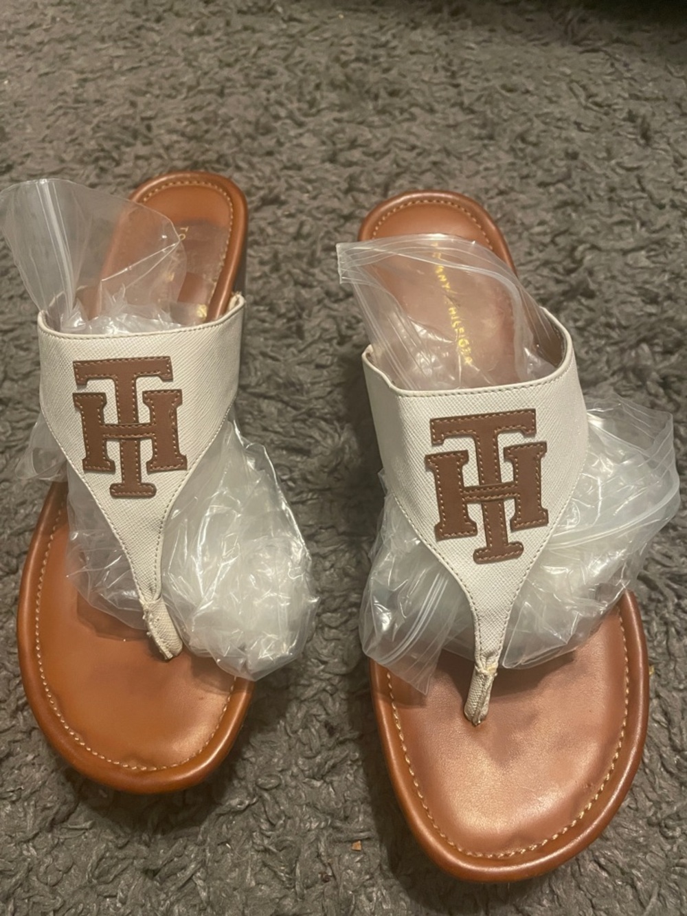 Tommy Hilfiger White & Brown Logo Thong Sandals